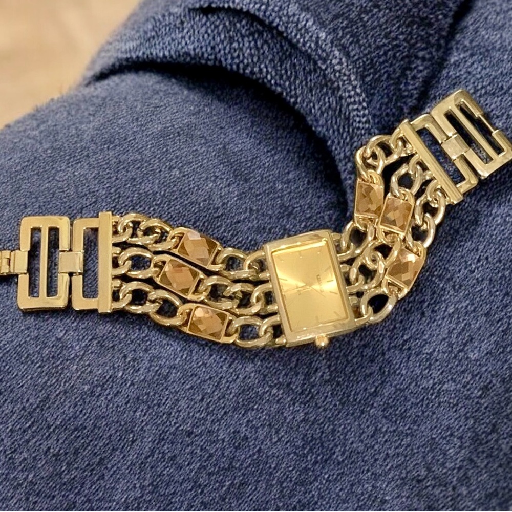 Kessaris Women’s Watch Gold Tone Chunky Wide Multi Chain - Amber Color Gemstones